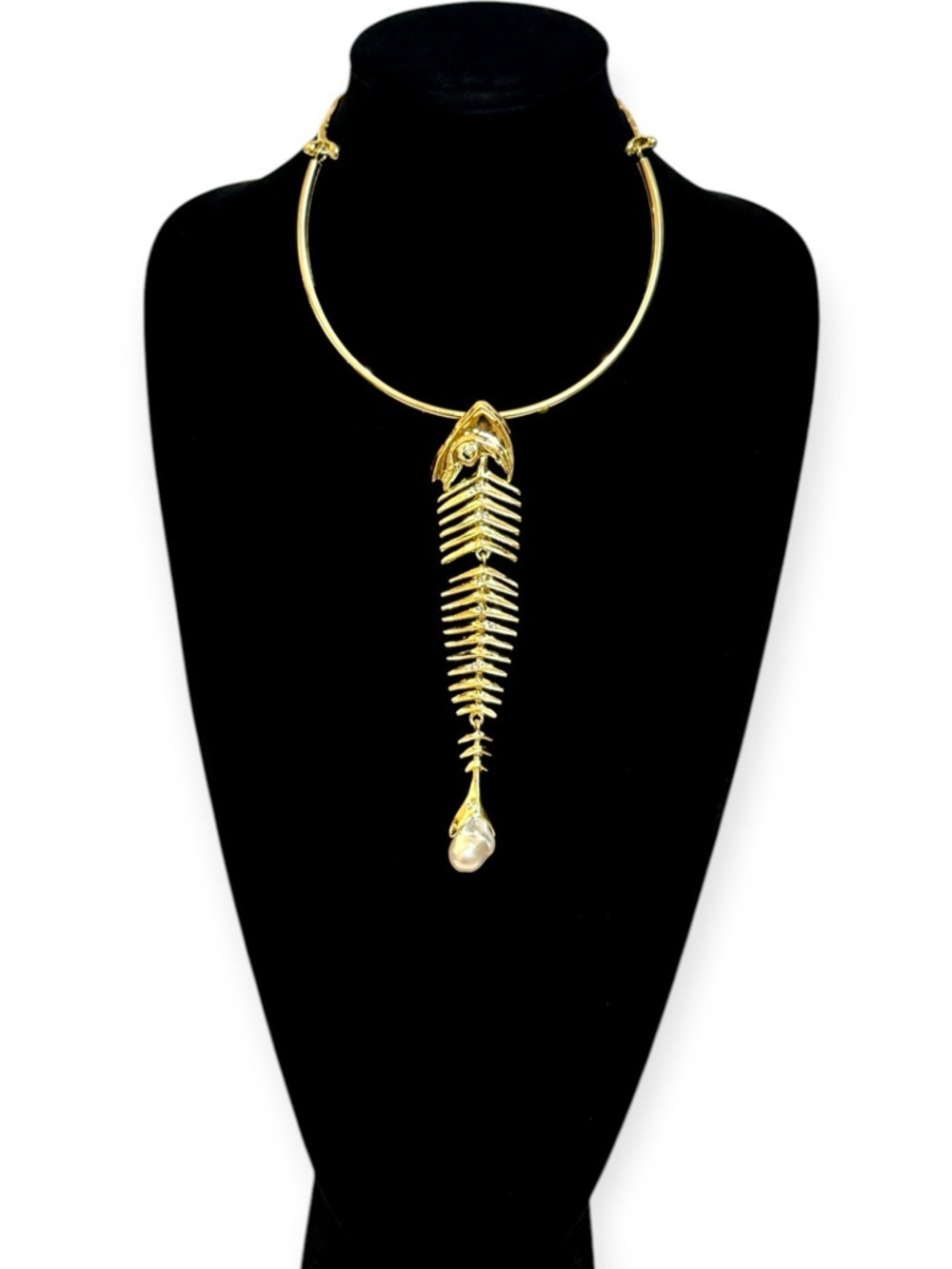 Gold Fishbone Modern Collar Statement Necklace NEW